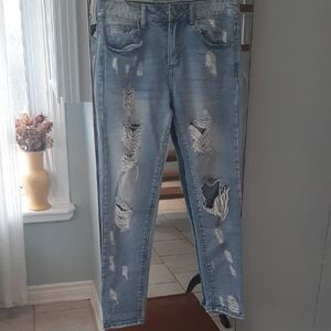 LEXXURY💞Light Wash Distressed Jeans - Blue COOL SKULL BUTTON-4 POCKETS Sz 30